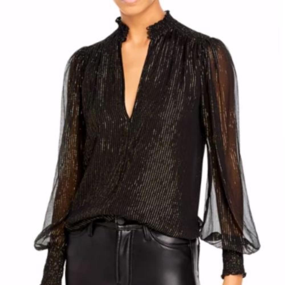 A.L.C Black Metallic Gold Allover Stripes, Mock Neck Long Sleeve Silk Blous Top